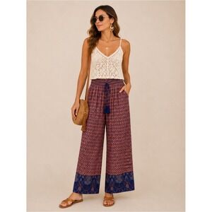 BollyDoll Womens Boho Wide Leg Palazzo Pants Orange Purple Print Tassel Medium